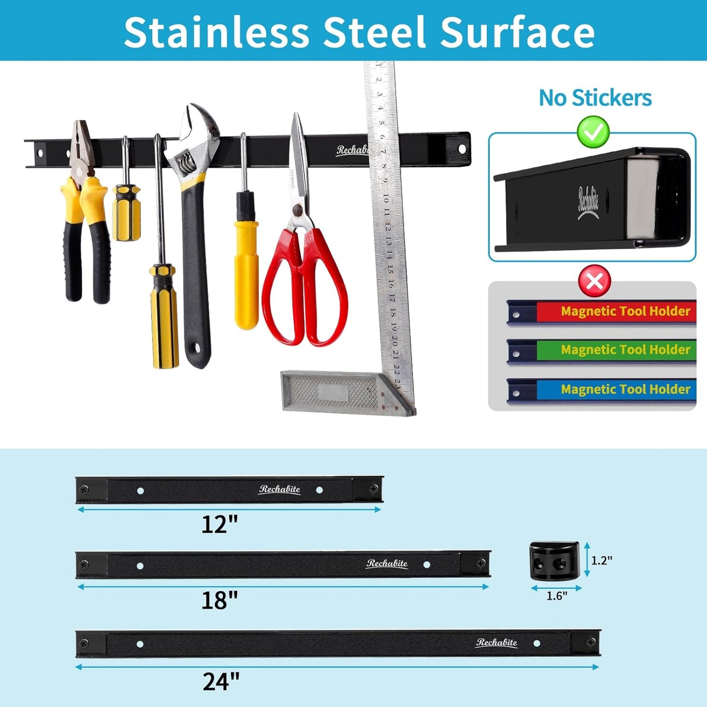 6 Pieces 24" Magnetic Tool Holder Strip, Black Magnet Bar, Metal Tool Organizer Rack for Garage Organization, Easy To Install in Workshop, Mounting Screws Included