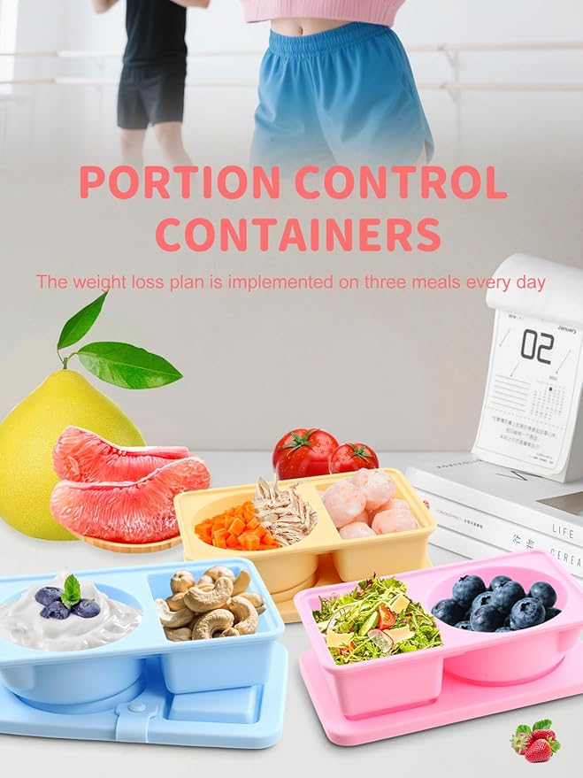 portion control containers, 3 pcs Double Set reusable food Containers. Silicone Weight loss meal box Meal Prep & On-the-Go [work, gym]