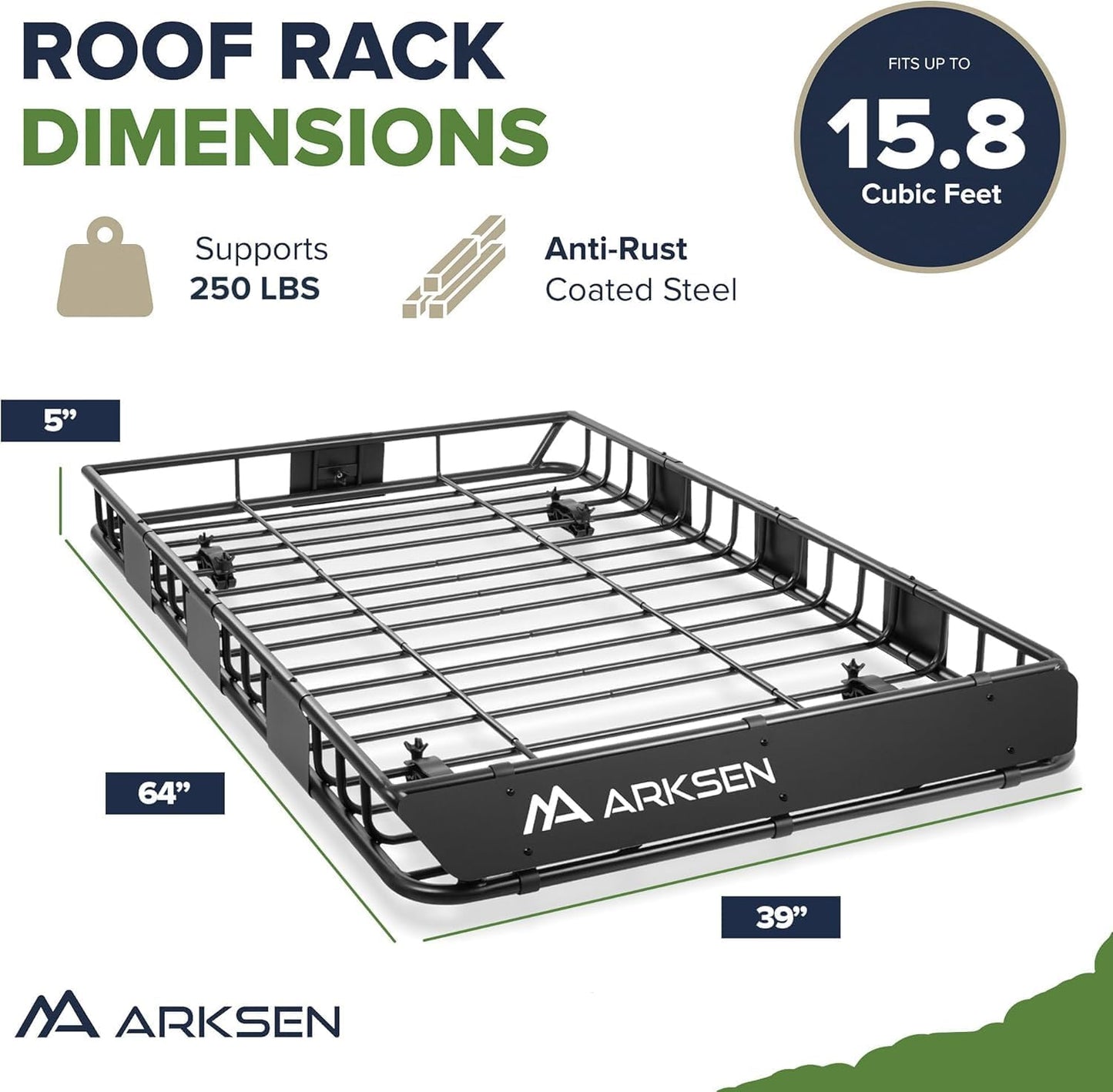 ARKSEN 64 x 39 x 5 Inch Universal Roof Rack with Waterproof Bag, Cargo Net & 2 Ratchet Straps - Upgrade 150Lbs Capacity Heavy Duty Rooftop Cargo Carrier with Extension for Car, SUV & Pickup