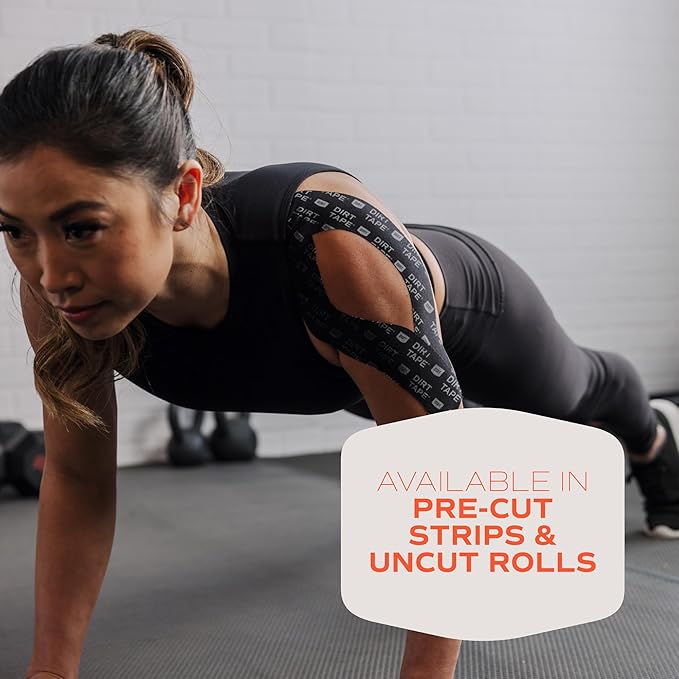 DIRT Tape-Pre Cut Athletic Kinesiology Tape-Muscle Pain Relief & Joint Support-Premium Elastic Cotton-Latex-Free-Water Resistant-Gym, Indoor & Outdoor Sports-2 Rolls (16.4 ft)-Black w/Logo