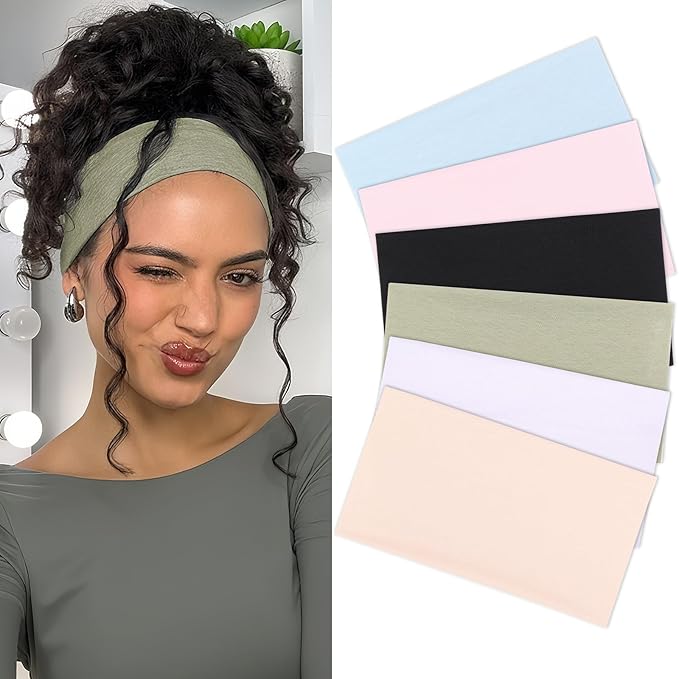 XTREND 6 Pcs Wide Headbands for Women Fashion Headband Stretch Headband Boho Head Bands Hair Band Turban Workout Sport Hairband Accessories (Black, White, Beige, Light Pink, Light Blue, Light Green)