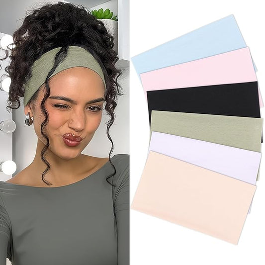 XTREND 6 Pcs Wide Headbands for Women Fashion Headband Stretch Headband Boho Head Bands Hair Band Turban Workout Sport Hairband Accessories (Black, White, Beige, Light Pink, Light Blue, Light Green)
