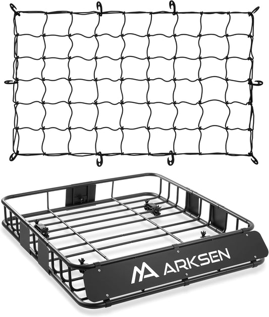 ARKSEN 43 x 39 x 6 Inch Universal 150LB Heavy Duty Roof Rack Cargo with Cargo Net, Car Top Luggage Holder Carrier Basket with Extension for SUV, Truck, & Car Steel Construction