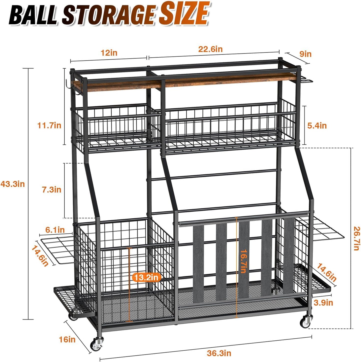 Sports Equipment Organizer, Garage Storage with Basket and Hooks, Rolling Cart with Wheels for Toy Sports Gear Storage, Ball Rack for Indoor/Outdoor