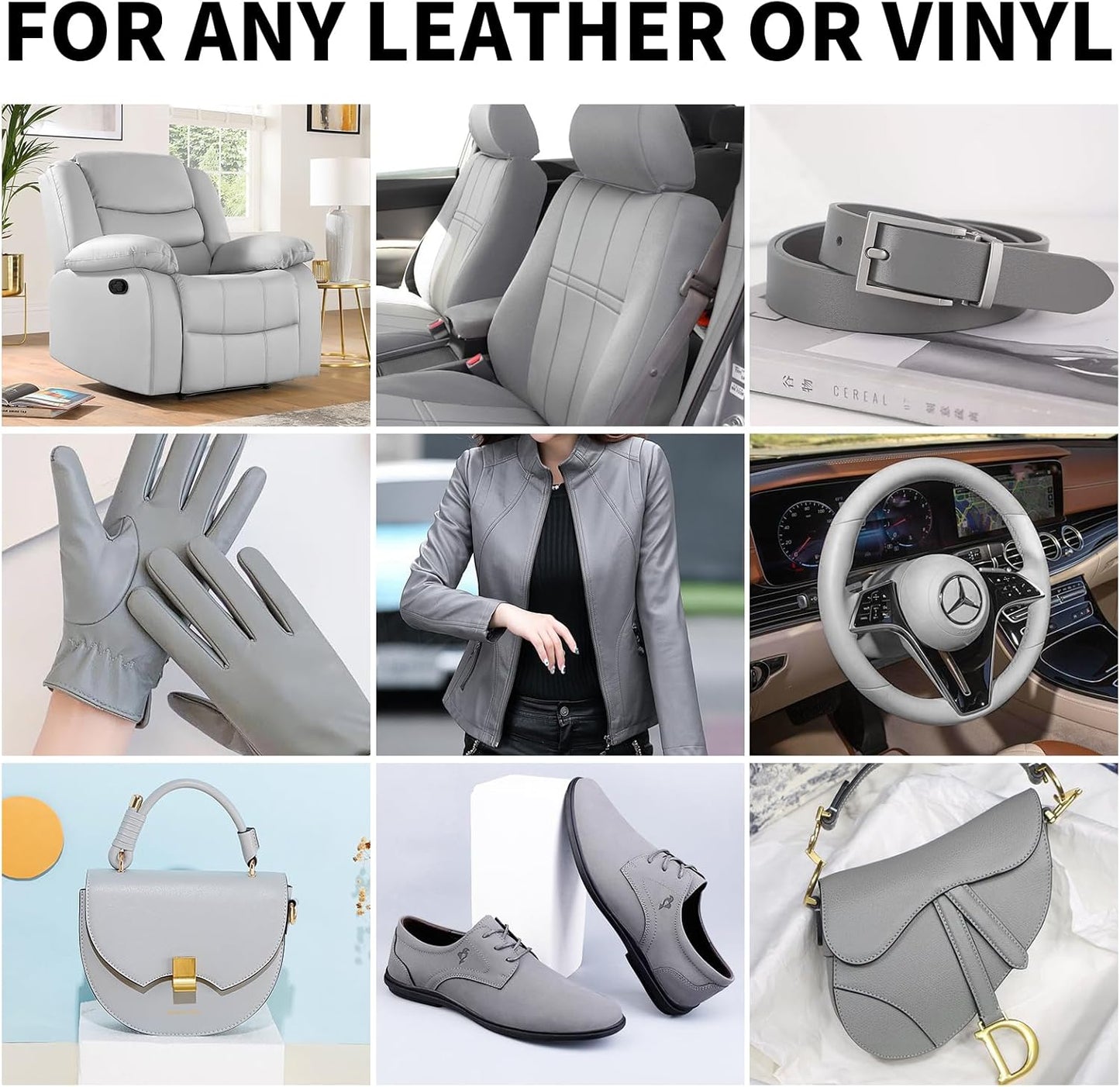 Leather Recoloring Balm,8.5oz Leather Color Restorer,Gray Leather Repair kit for Furniture and Car Interior,Leather Couch Scratch Repair,Leather Dye Paint for Faded,Cracked and Damaged Leather