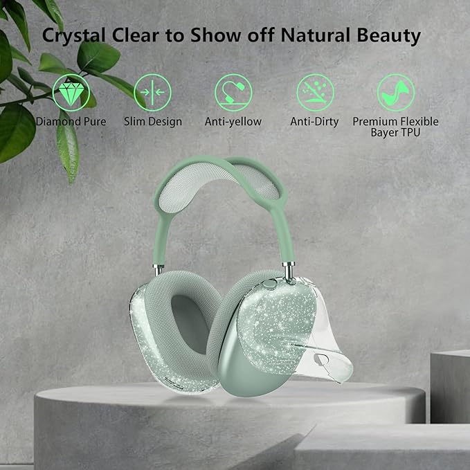 for AirPods Max Case Clear Pink Glitter,Clear Case for Airpods Max Case Cover,Shockproof Anti-Scratch Soft TPU Protective Case No-Yellowing Accessories for AirPod Max Headphone-Green Glitter