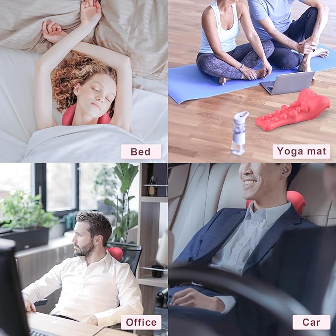 Neck and Shoulder Relaxer with Upper Back Massage Point, Cervical Traction Device Neck Stretcher for TMJ Pain Relief and Cervical Spine Alignment Chiropractic Pillow (Dark Pink)
