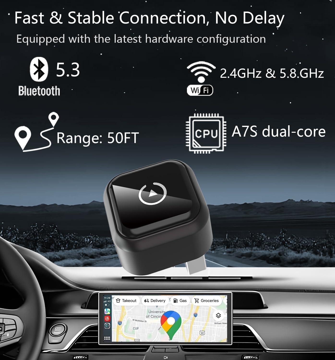 Wireless Carplay Adapter for Apple iPhone & Android Auto Wireless Adapter 2 in 1,2025's Newly Upgraded,Subversive Ultra-Compact Design,Faster and More Stable Connection,for iOS 10+ & Android 11+