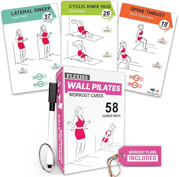 Wall Pilates Workouts For Women - 58 Exercise Cards with Wall Pilates Workout Postures, Instructions & Breathing Tips | Free Ring & Dry-Erase Marker to Create a Customize pilates at home Exercise Chart
