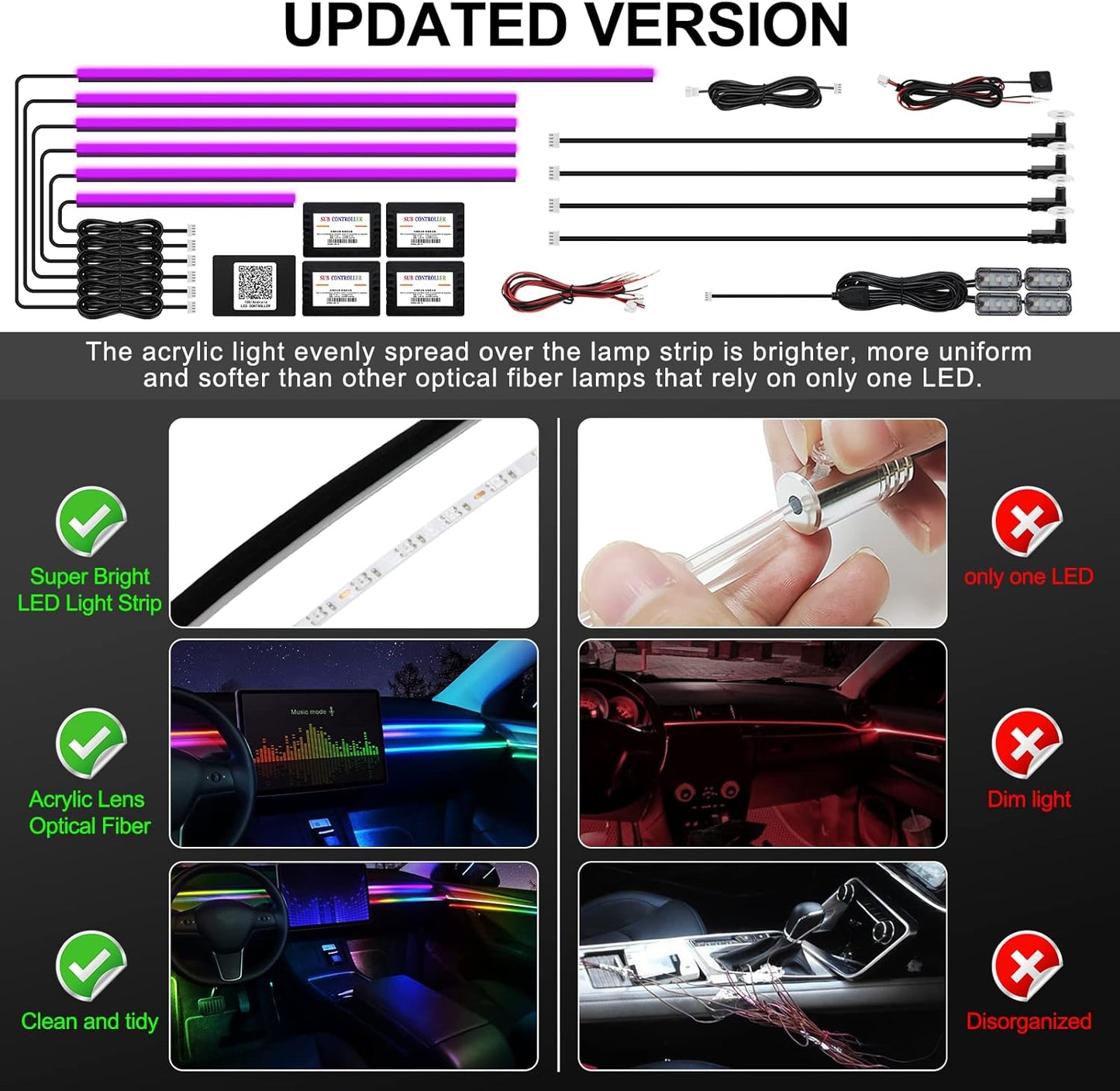 Acrylic Interior Car LED Strip Light with Wireless APP, RGB 14 in 1 with 175 inches 593 LEDs Fiber Optic Ambient Lighting Kits, 16 Million Colors Sound Active Function Car Neon Lights