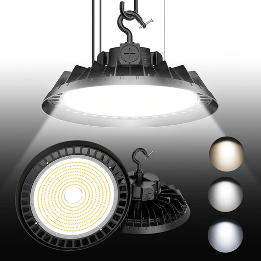 LED High Bay Lights, 240W UFO High Bay LED Shop Lights, 36000LM Adjustable CCT(5700K 5000K 4500K) & Power(240W 200W 150W), 0-10V Dimmable, 5' Cable Plug, IP65 Waterproof, ETL & DLC Listed High Bay