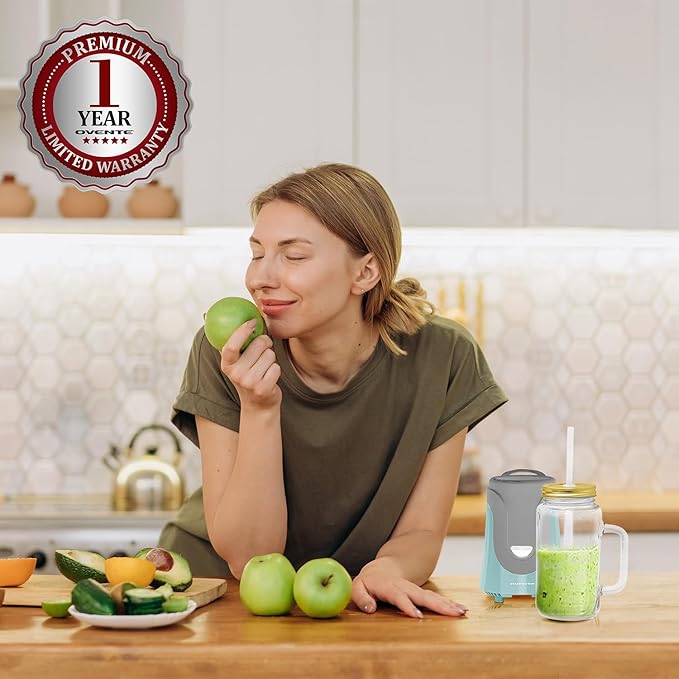 OVENTE Retro Personal Blender and Smoothie Maker with 18 Oz Mason Jar, 300W Base, Stainless Steel Blades, BPA-Free and Dishwasher Safe Container, Includes Reusable Straw and Lid, Turquoise BLH1002T