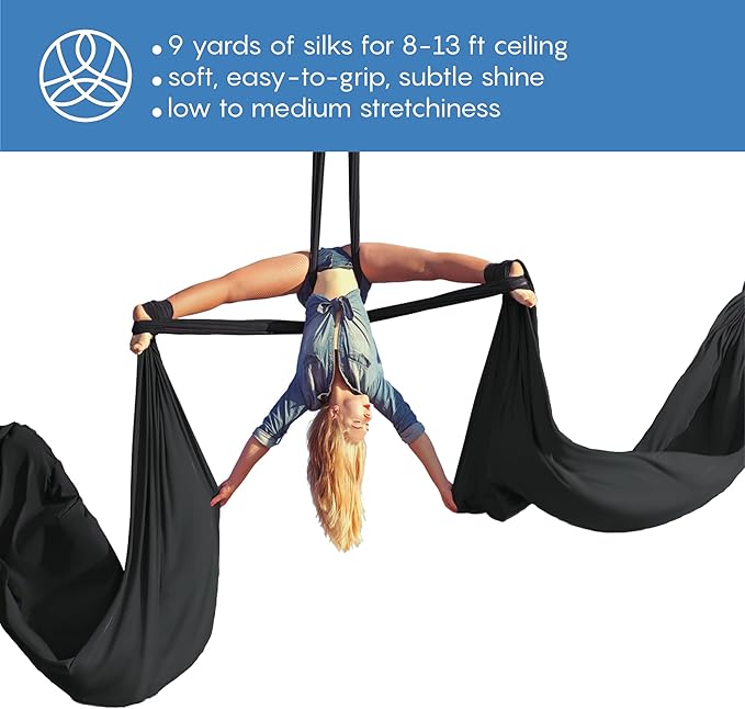 Aerial Silks Starter Kit - Durable 9 Yards of Aerial Yoga Hammock with Hardware & Guide - Aerial Swing for Acrobatic Flying Yoga & All Levels (Aerial Rigging Point Up to 13ft)