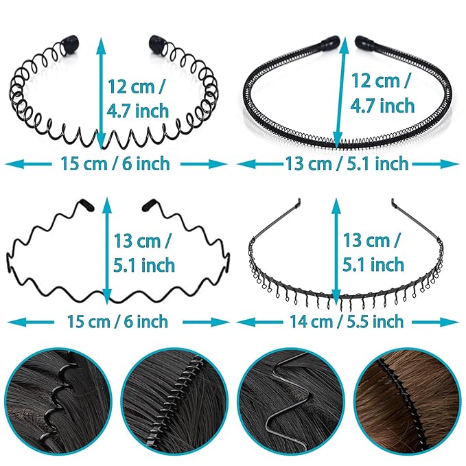 Metal Headband for Men, Unisex Black Wavy Spring Hair Band, Zig Zag Hair Dand, Fashion Elastic Hair Accessories, Multipack Options Available（8pcs）