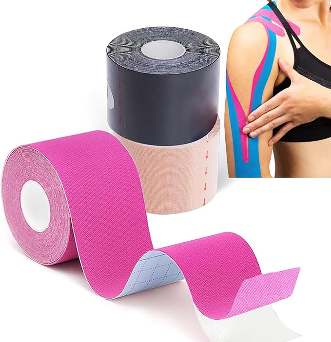 Waterproof Breathable Kinesiology Tape,16ft Uncut Strips (3 Rolls),Kinetic Tape, Sports Tape for Knee Pain&Elbow,Elastic Athletic Tape for Sports & Weightlifting,Muscle Strain Relief-Black+Beige+Pink
