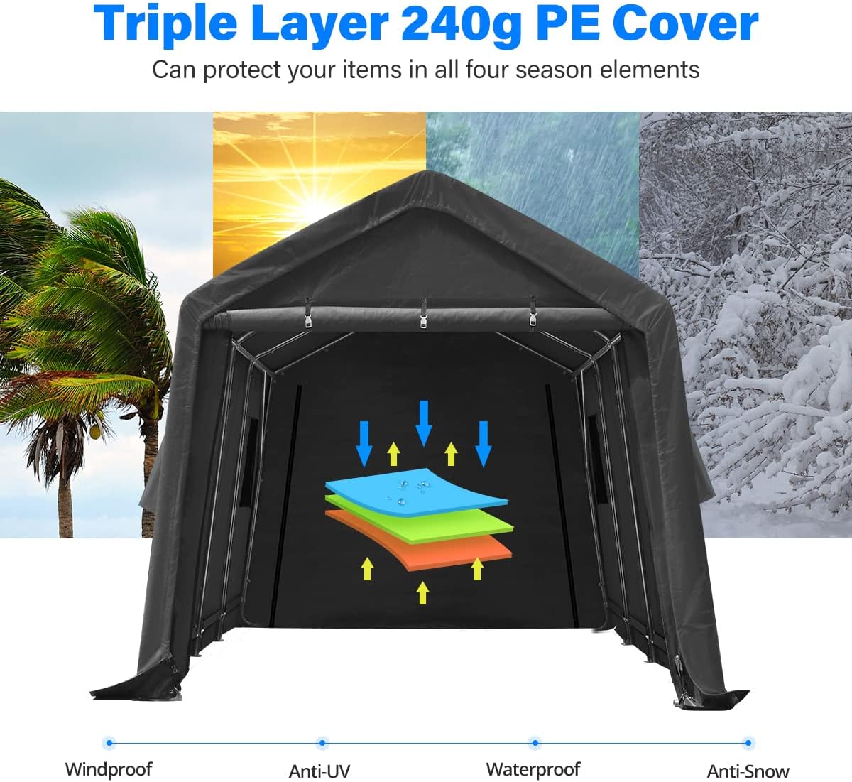 ADVANCE OUTDOOR 10X15 ft Garage Shelter Steel Metal Peak Roof Portable Storage Shed Carport for Motorcycle Boat, or Garden Tools with 2 Roll up Doors & Vents, Gray