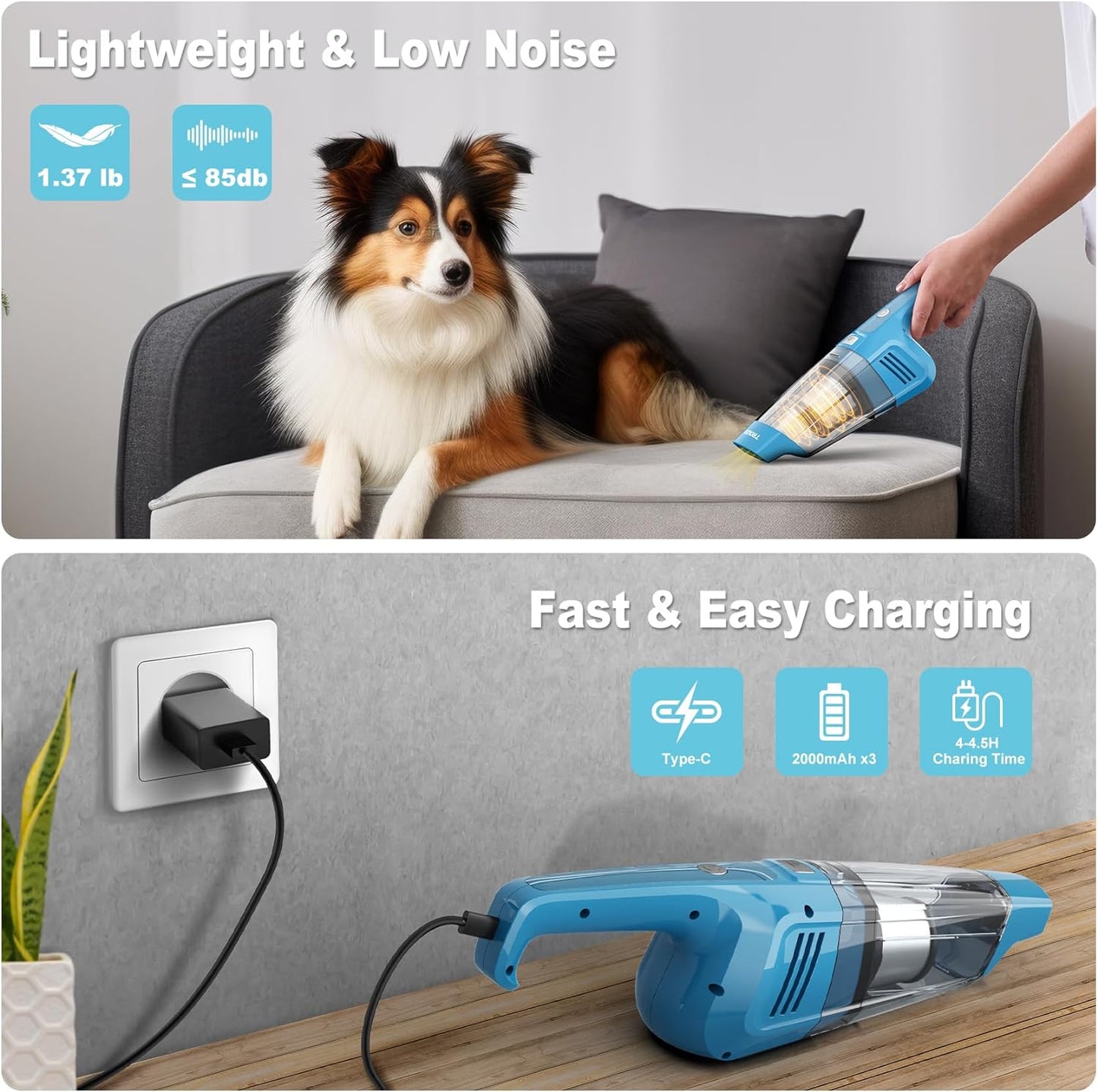 Handheld Vacuum Cordless, 14500PA Powerful Suction Hand Held Vacuum Cleaner with Brushless Motor, Rechargeable and Portable Car Vacuum Cleaner with Multi Accessories for Home Office Car Pet