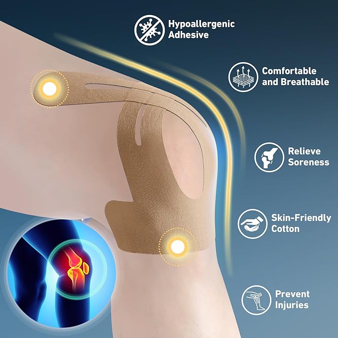 Kinesiology Tape for Knees Pre Cut, 12 PCS Upgrade KTQUICK Knee Tape For Knee Pain Relief Pre Cut, Original Cotton Knee Tape, Flexible & Durable Sports Tape for Support & Comfort During Workouts,Beige