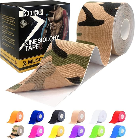 Kinesiology Tape Pro 1/2/5 Rolls, 2 Inch High Elasticity Sports Tape Therapeutic Pain Relief–Physio Tape for Muscle Recovery & Joint Support, Waterproof & Hypoallergenic & Breathable–Camo