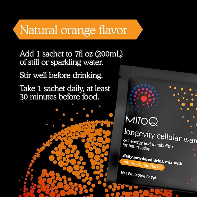 MitoQ Longevity Cellular Water Daily Powdered Drink Mix Natural Orange Flavor - Mitochondria-targeted Antioxidant - Cell Energy and Metabolism for Better Aging (Orange, 30 Packets)