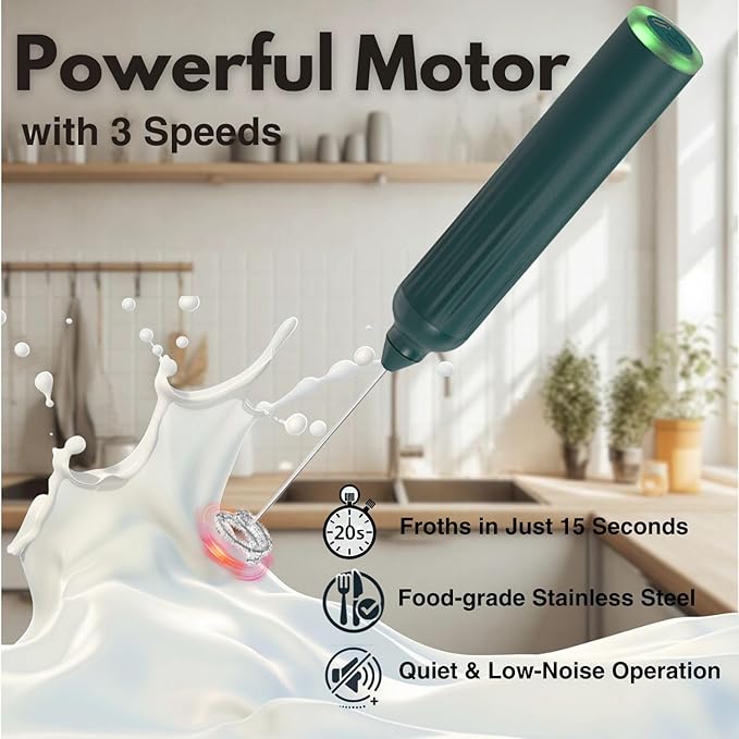 Milk Frother Handheld with 3 Stainless Steel Whisks, Rechargeable Electric Drink Mixer with Stand & Travel Case, Milk Foamer for Coffee, Latte, Cappuccino, Hot Chocolate, Egg,Jam Supplement-Green