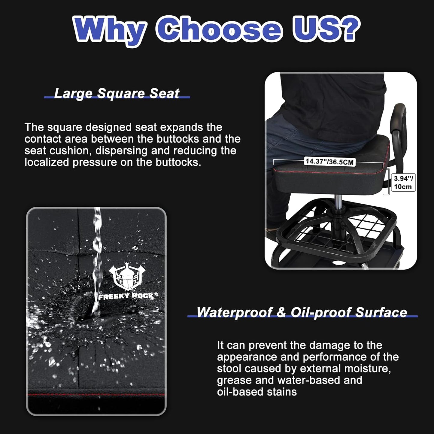 Rolling Shop Stool with Wheels, Garage Mechanic Shop Chair with Handle Backrest, Adjustable Height Work Stool, Roller Seat with Tool Tray Storage, Heavy Duty, 330 LBS Capacity, Black