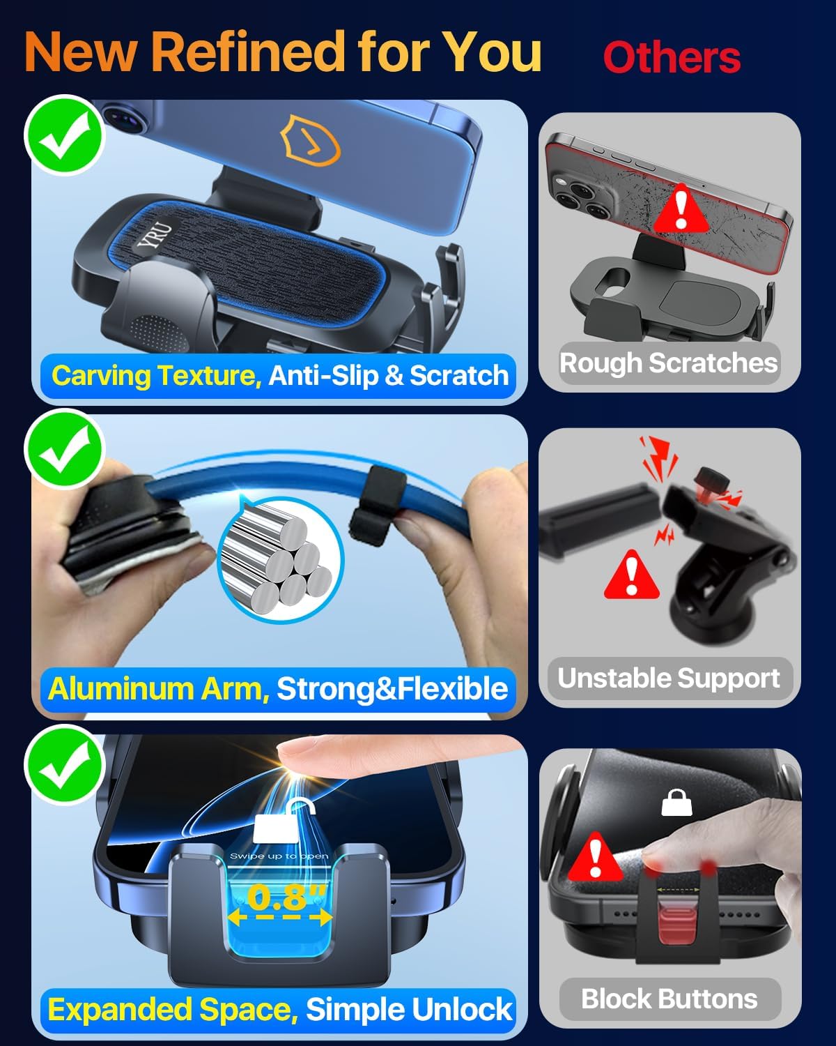 YRU [2025 Ultimate Car Phone Holder Mount [Bendable & Adjustable Aluminum Arm] Cell Phone Holder for Car Dashboard Windshield Phone Stand for iPhone 16 15 14 13 Pro Max Samsung Pickup Truck, Black