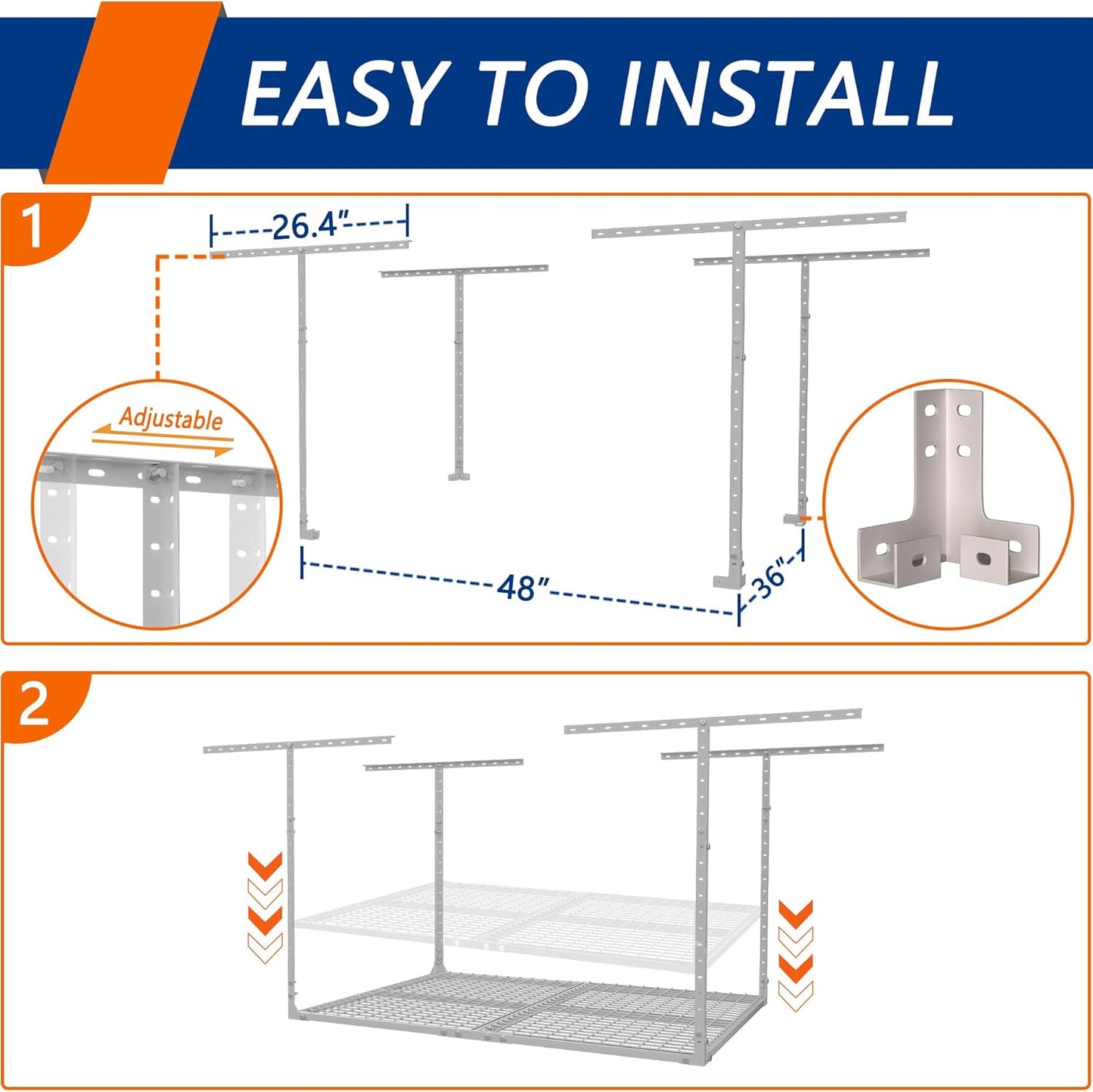 3 x 4FT Overhead Garage Storage Rack,Adjustable Ceiling Storage Racks,Garage Shelving Heavy Duty Storage Organizer System,400lbs Weight Capacity(White)