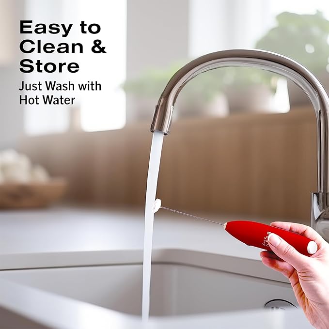 Bean Envy Milk Frother Handheld for Coffee - Electric Hand Blender, Mini Drink Mixer Whisk & Coffee Foamer Wand with Stand for Lattes, Cappuccino, Matcha and Hot Chocolate - Kitchen Gifts - Red