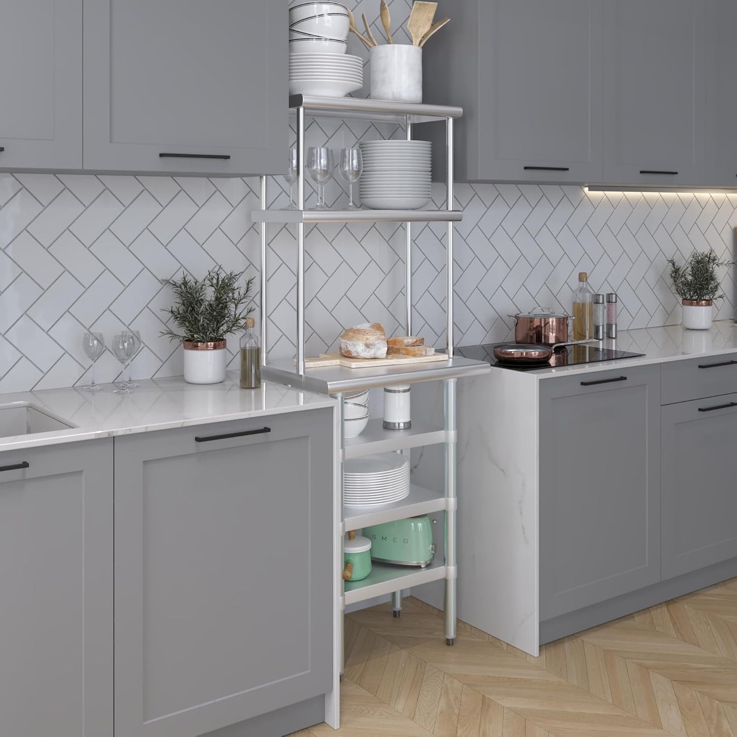 Amgood 18" x 24" Stainless Steel Work Table with 3 Shelves and 12" Wide Double Tier Overshelf | Metal Kitchen Prep Table & Shelving Combo | NSF