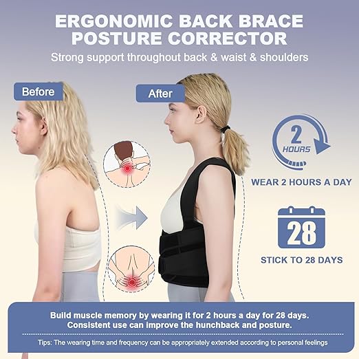 Posture Corrector for Women and Men Upgraded Back Brace, Adjustable Full Back Support for Upper and Lower Back Pain Relief, Shoulder Straightener for Hunchback, Scoliosis, Lumbar, Spine (Black,Medium)