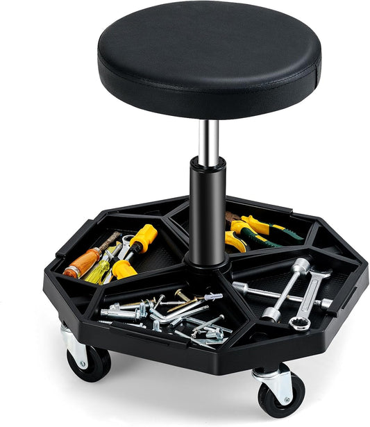 Adjustable Mechanic Rolling Stool, Pneumatic Rolling Stool with Wheels, Tool Storage Tray & Padded Seat Cushion, Garage Stool Chairs Creeper Seat (Black)