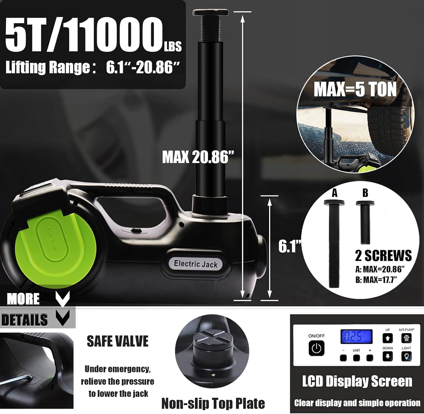 Wayska Electric Car Jack - 5 Ton, 12V Hydraulic Floor Jack with LCD Display, Electric Impact Wrench & Inflator Pump for SUV, Sedan, Truck Lift & Tire Change