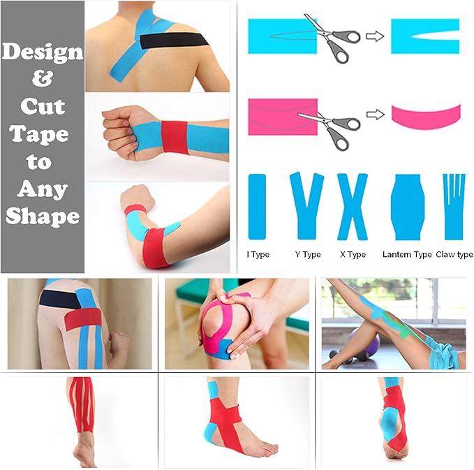 Upgraded Kinesiology Tape 2inch 12 Rolls Set for Knees, Uncut 2" Waterproof Muscle Tape Hypoallergenic Athletic Tape Sports Tape for Knee Shoulder Muscle Pain (4X Beige, 4X Black, 4X Blue)