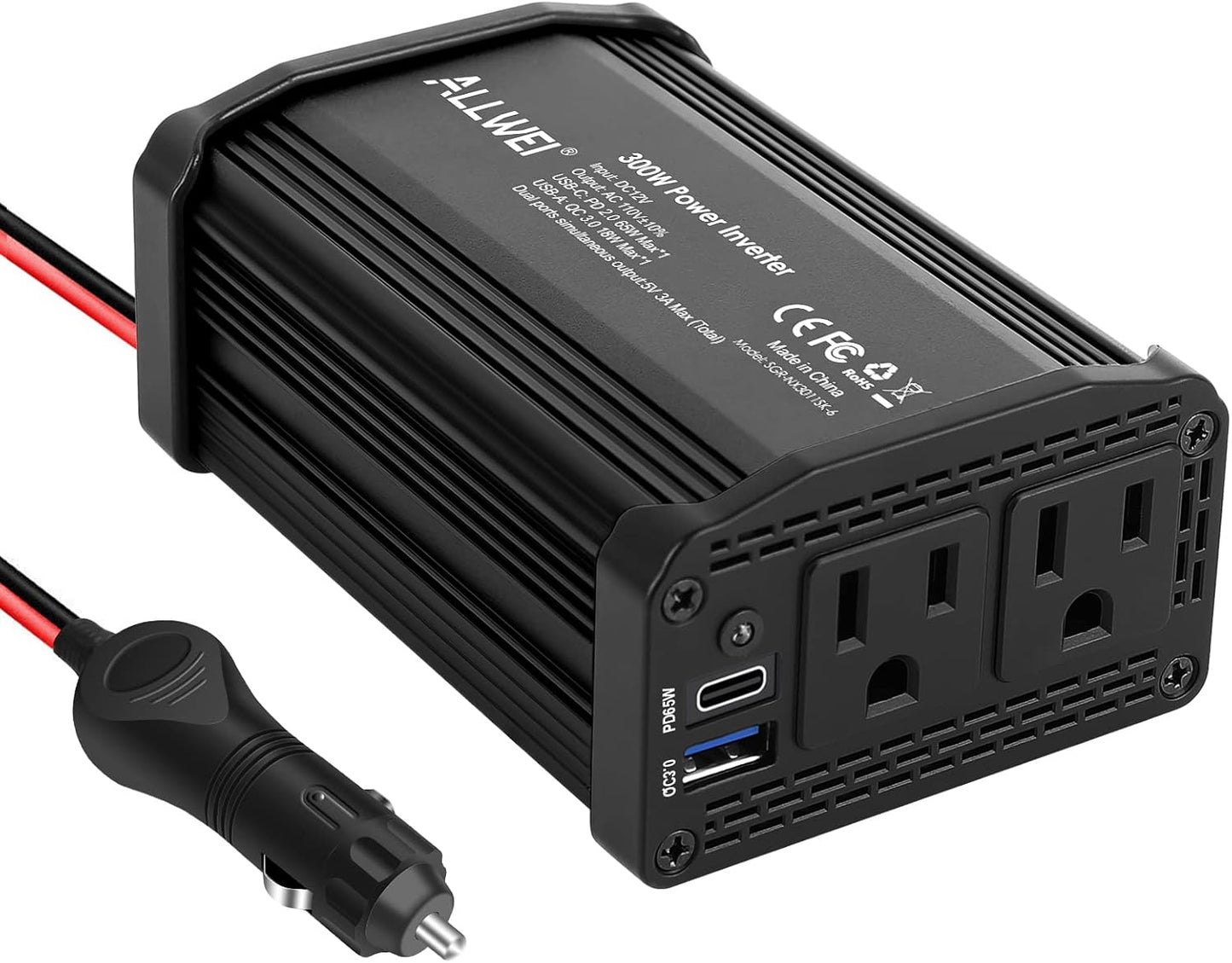 ALLWEI 300W Car Power Inverter DC 12V to 110V AC for Vehicles Converter USB-C PD65W/18W Fast Charging Ports Car Charger Adapter (Black)