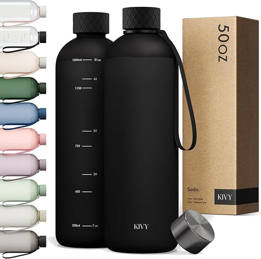 KIVY Slim Water Bottle 50oz [Lightweight & Shatterproof] - Reusable Tritan Water Bottle - Leak Proof Water Bottle for Women & Men - No Spill - Dishwasher Safe - Black
