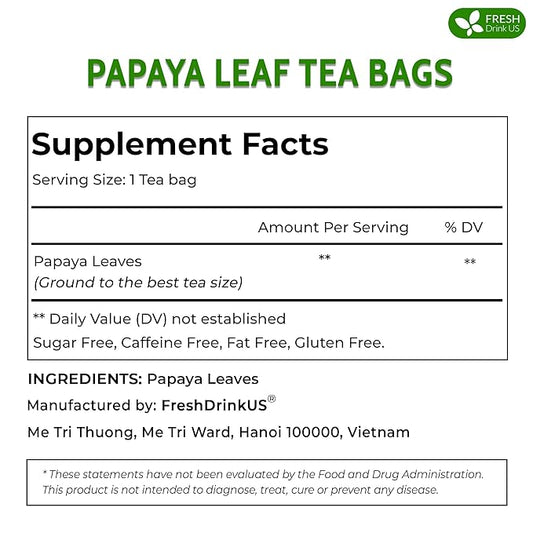 FreshDrinkUS, Premium 135 Papaya Leaf Tea Bags, 100% Natural & Pure from Papaya Leaves. Loose Leaf Papaya Herbal Tea. Made with Natural Material Tea Bags. No Sugar, No Caffeine, No Gluten, Vegan.