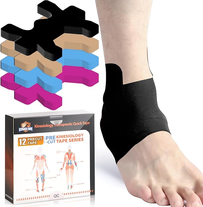 Kinesiology Tape for Ankle, KTQUICK 12 Count Ankle Tape Precut, Original Cotton Waterproof & Breathable, Enhance Elastic Kinesiology Athletic Tape for Ankle Support and Muscle to More Sports (Black)