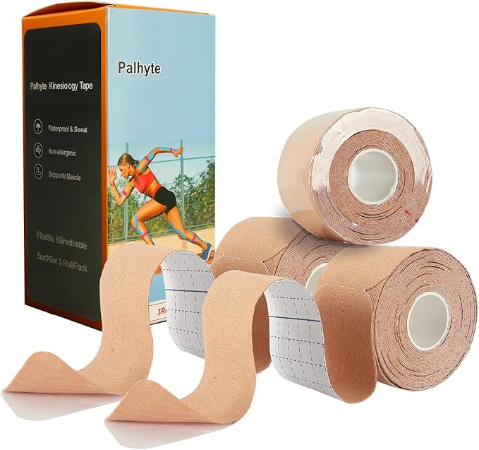 Kinesiology Tape Pro Athletic Sports Breathable Latex Free Tape for Ankle Knees Elastic Running Tennis Swimming Football Sports Activities Tapes(3 Rolls,60 Precut Strips Skin Color)