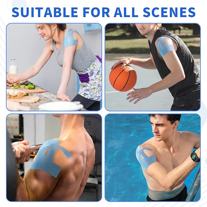 15PCS Kinesiology Tape for Shoulder, Kinesiology Tape Precut Strips for Shoulder Support Support & Stability, Waterproof Breathable Elastic Sports Shoulder Tape for Pain Relief, Athletic Tape, Blue