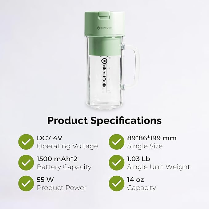 Personal Portable Blender For Shakes & Smoothies, Leakproof & Stylish Portable Mason Jar Shaker, Rechargeable Mini Blender with 10-Blade Blending System 14oz, Green