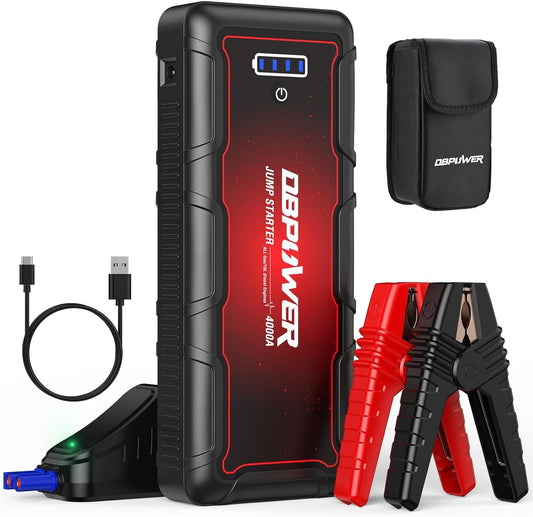 DBPOWER Jump Starter 4000A Peak 88.8Wh Portable Car Jump Starter (Up to All Gas/10L Diesel Engine) 12V Auto Battery Booster Pack with Smart Clamp Cables,Quick Charge, LED Light Jump Box