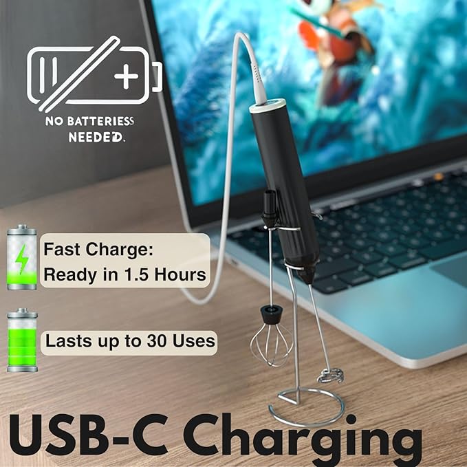 Milk Frother Handheld with 3 Stainless Steel Whisks, Rechargeable Electric Drink Mixer with Stand & Travel Case, Milk Foamer for Coffee, Latte, Cappuccino, Hot Chocolate, Egg,Jam Supplement-Green