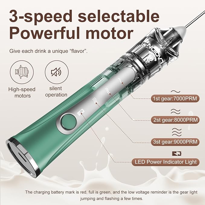 Rechargeable Frother Wand with Stand, Milk Frother with Detachable Stainless Steel Double Rings Whisk, 3-Speed Handheld Electric Drink Mixer for Lattes, Cappuccino, Coffee (Green)