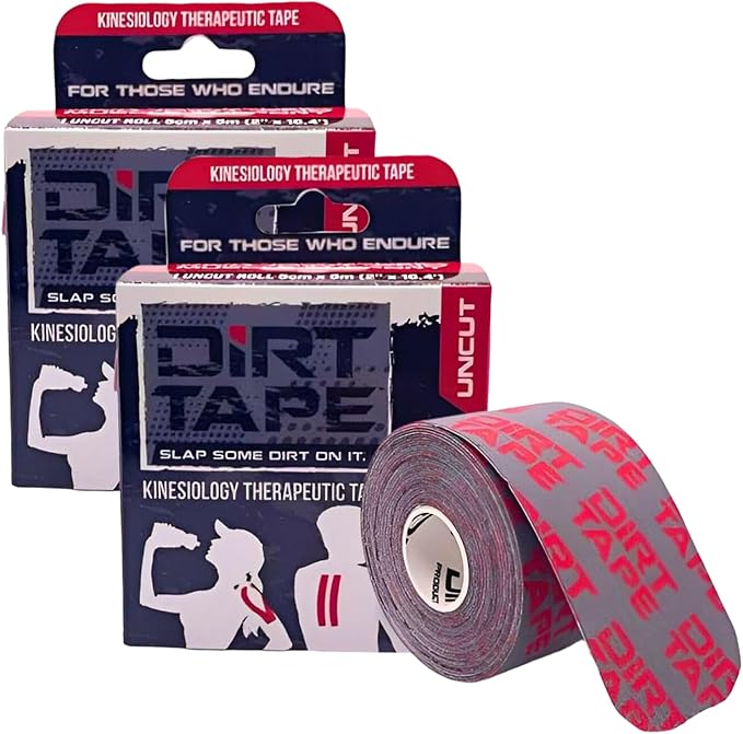 DIRT Tape-Athletic Kinesiology Tape-Muscle Pain Relief & Joint Support-Premium Elastic Cotton-Latex-Free-Water Resistant-Gym, Indoor & Outdoor Sports-2 Uncut roll (16.4 ft)-Grey w/Logo