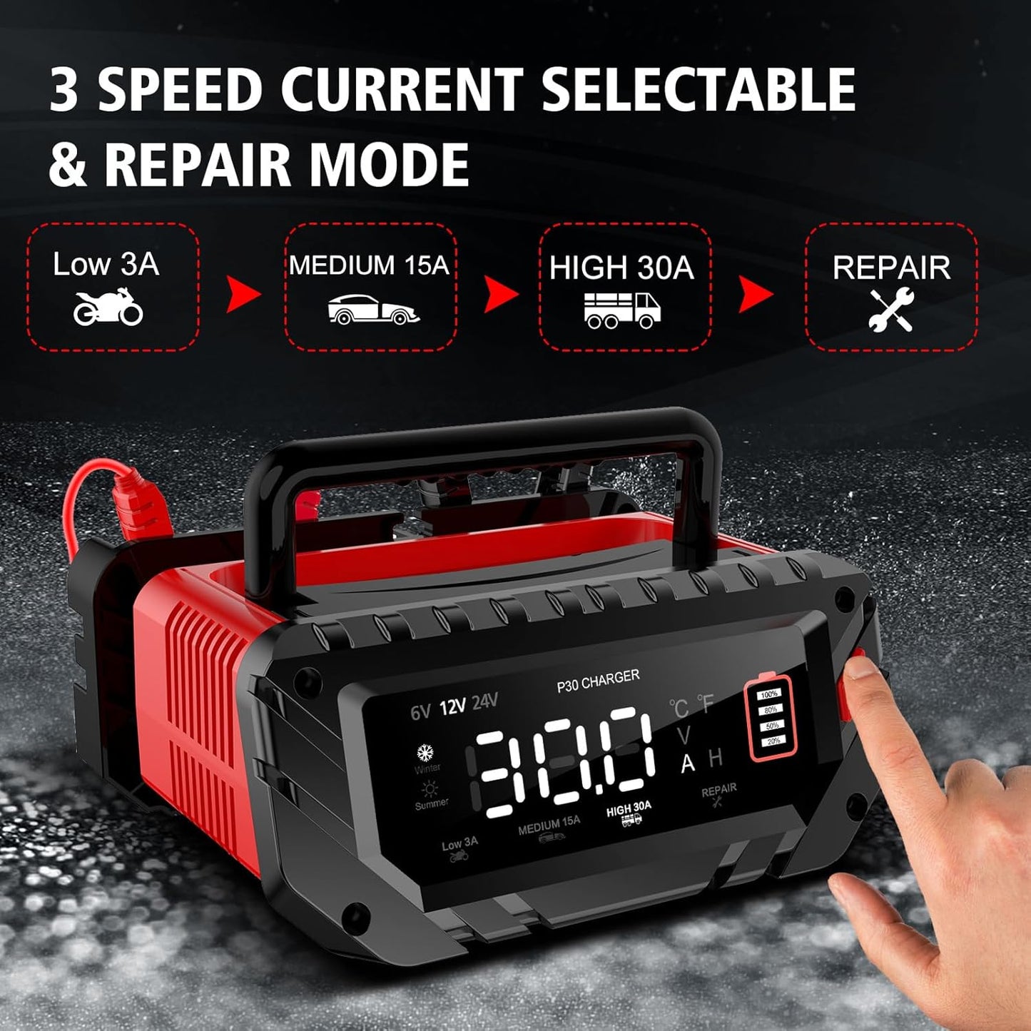 30-Amp Car Battery Charger, 6V/12V/24V Smart Automatic Automotive Charger, Battery Maintainer, Trickle Charger for Car, Motorcycle, Boat, Lead-Acid, Lithium, LiFePo4 Battery