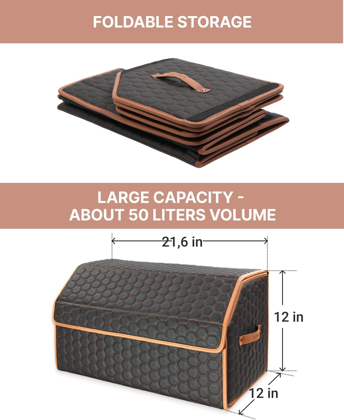 Foldable Trunk Organizer for Car Storage - Collapsible Auto Trunk Organizer With Lid - Trunk Organization (21.6 inch, Hexy)