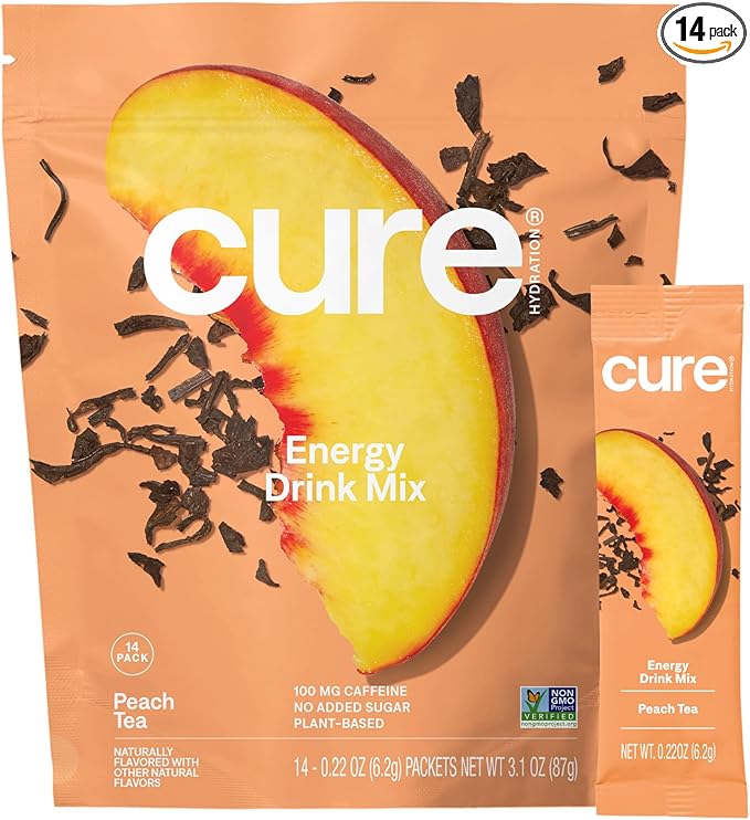 Cure Hydration Performance | Plant-Based Electrolyte Energy Drink Mix | No Added Sugar | Dehydration Relief Powder | 100mg of Caffeine | Non-GMO | Vegan | Pouch of 14 Packets - Peach