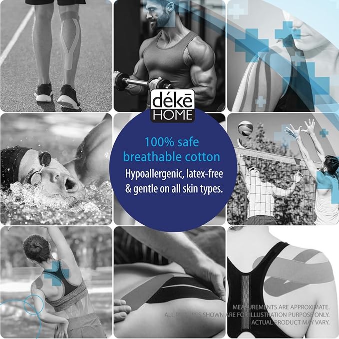 Deke Home - Kinesiology Tape Precut Strips (3 Pack), 20 Strong Adhesive 10in Elastic Strips, Waterproof Athletic Tape for Injuries, Knee, Ankle, Muscle, Joint, Latex-Free