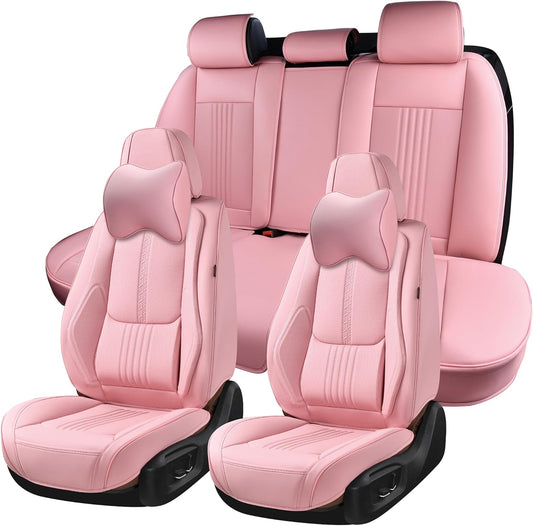 Car Seat Covers Full Set, Front and Rear Seat Covers for Cars, Waterproof Leather Auto Seat Protectors with Head Pillow, Car Seat Cushions Fit for Most Sedans SUV Pick-up Truck, Pink